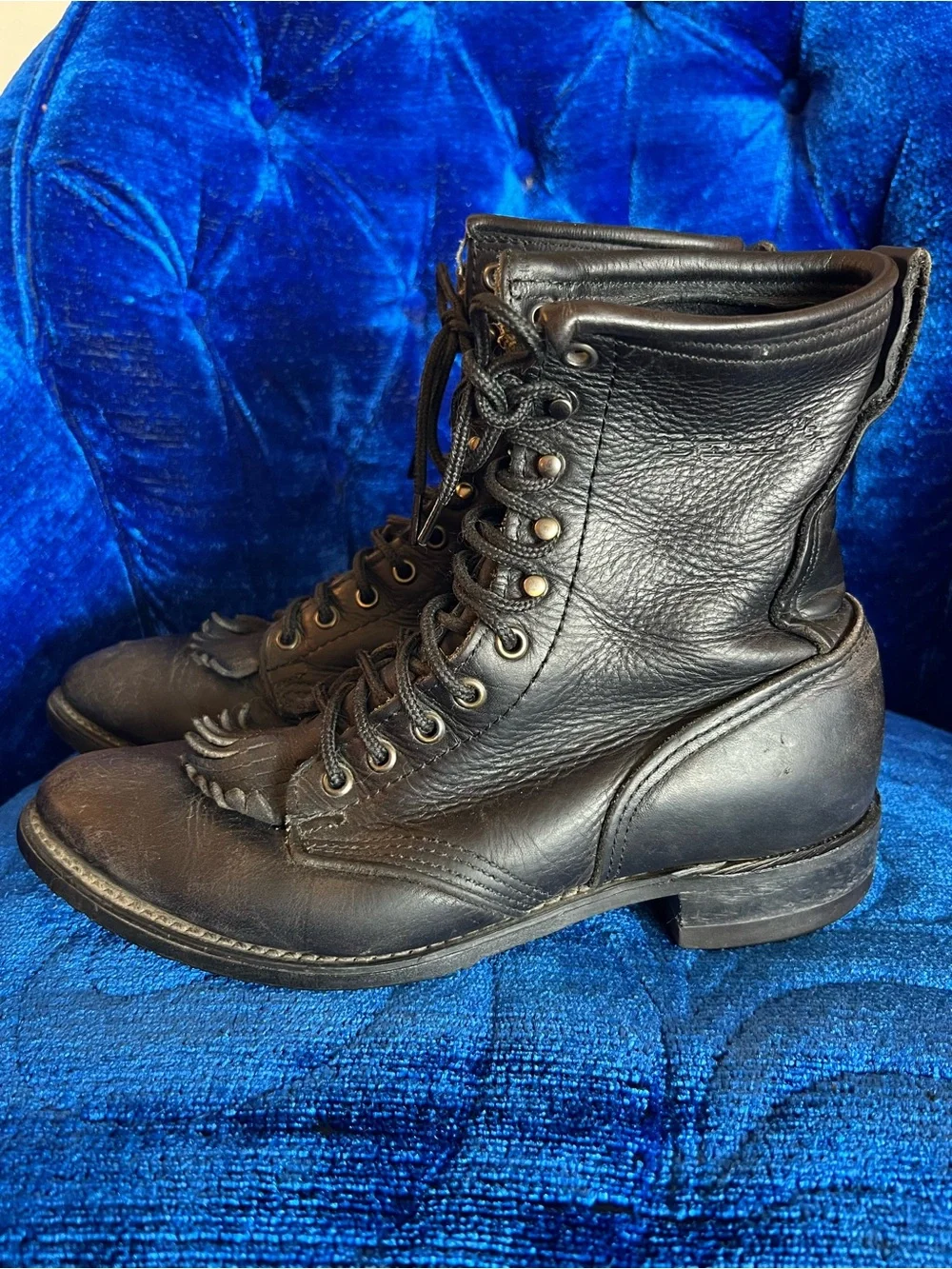Vintage DD Tuff Black pebble Leather Lace-Up Men's Boots w/ Fringe Accent Sz 8.5